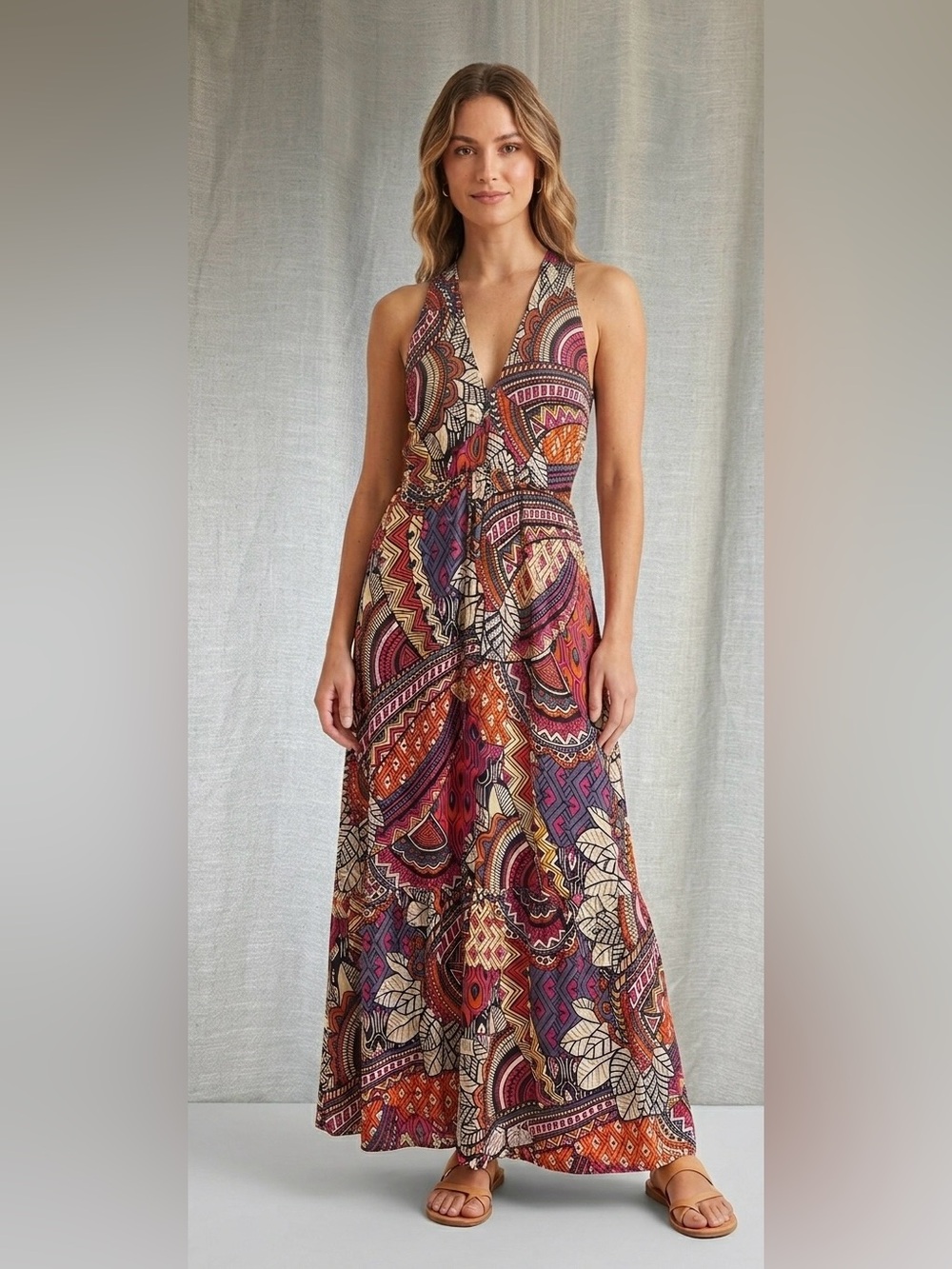 Maeve Anthropologie Geometric Abstract Halter Maxi Dress Smocked V-Neck Small